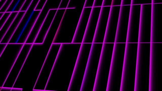Abstract purple glowing geometric rectangular blocks grid with perspective on black background