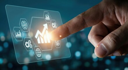A professional business man touching a digital growth chart icon on a glowing hexagonal interface in a modern office with city bokeh at night, symbolizing success and technology.