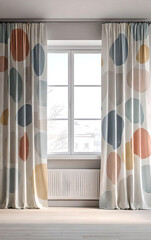 Modern minimalist room with large patterned curtain and empty space