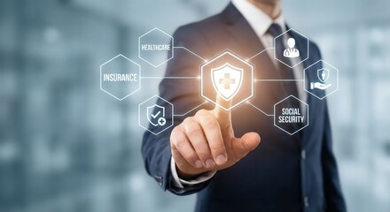 Professional adult man in a business suit using a futuristic digital healthcare insurance interface with glowing hexagonal icons, representing social security and medical protection concept.