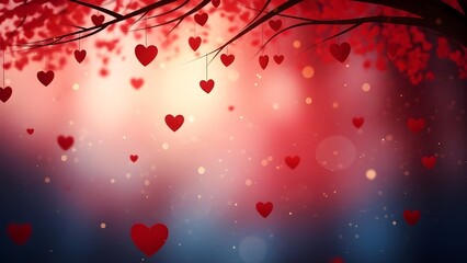 Valentine's day hearts hanging from tree branches with romantic lighting celebrating love and romance on february 14th
