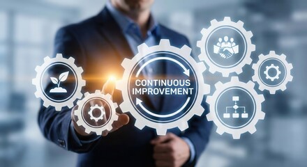 Successful Caucasian businessman in a formal suit touching a digital gear interface representing continuous improvement and business growth in a modern office during the day