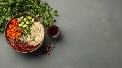 Healthy Vegan Buddha Bowl With Hummus Cucumber Carrots And Grains Overhead View Studio Shot