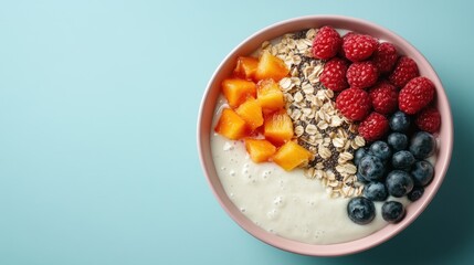 Healthy Yogurt Bowl with Fresh Berries Granola and Diced Apricots on Light Blue Background