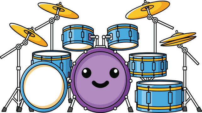 Cute drum kit vector illustration featuring a purple bass drum with a happy smiley face blue drums and golden cymbals for children music.