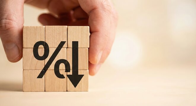 Close up of a white hand placing wooden blocks with a downward arrow and percentage icon on a table, symbolizing interest rate cut and financial decrease in a soft lit indoor setting.