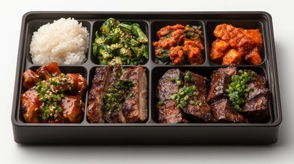 Korean Bento Box Meal With Rice Meat Vegetables And Kimchi In Black Container