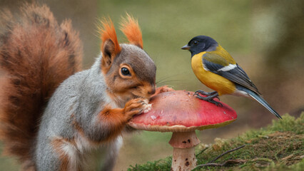 Red Squirrel and Small Bird on Red Mushroom in Forest