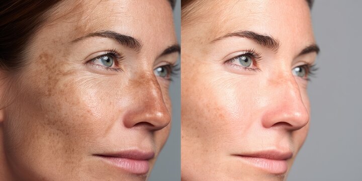 The image presents a split-screen comparison of a woman's face before and after a treatment, likely focused on skin rejuvenation. On the left, the woman displays visible signs of aging, 