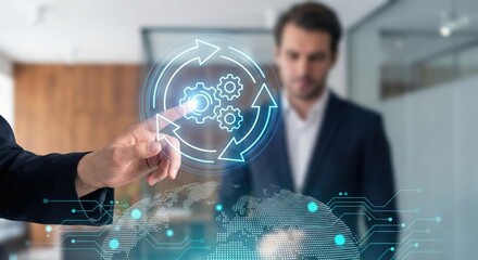 Middle Eastern Adult Businessman in a Professional Suit Touching a Digital Hologram of Gears and Upward Growth Arrows on a Glowing Globe, Concept of Global Business Automation and Success