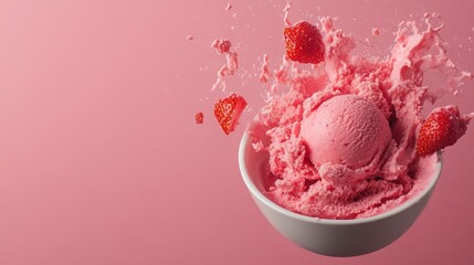 Pink Strawberry Ice Cream Splash In Bowl With Whole Strawberries Over Soft Pink Background Studio Lighting