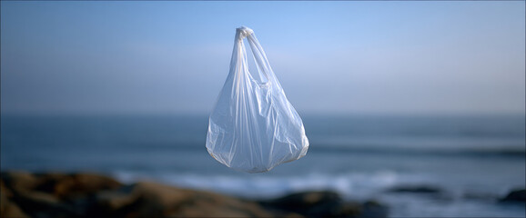 Obraz premium White plastic bag floating in air over blurred ocean and rocky shore background with clear sky