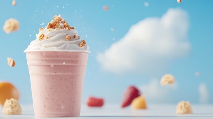 Pink Strawberry Smoothie Topped with Crumble and Falling Fruit Against a Bright Blue Sky with Clouds