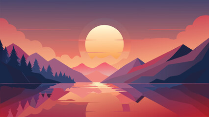 Fototapeta premium Minimalist vector art illustration depicting a serene sunset over a mountain range reflected perfectly in a calm lake