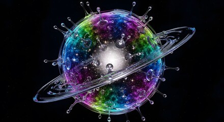 Conceptual 3D illustration of a colorful glass virus planet with rings and cosmic galaxy interior representing global health threats in a vast dark universe