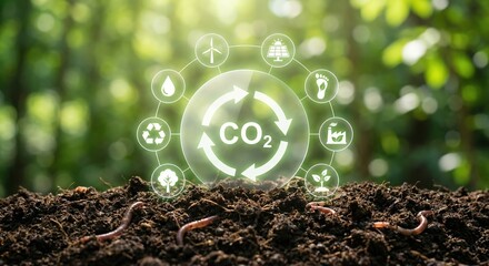 Environmental sustainability and carbon footprint reduction concept with glowing digital icons rising from rich dark soil in a bright sunny forest background, net zero CO2 emission goals.