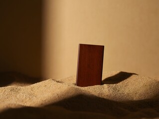 A wooden block standing upright in the sand