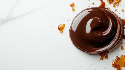 Rich Dark Chocolate Swirl With Amber Caramel Drizzle On A White Marble Surface Macro Shot