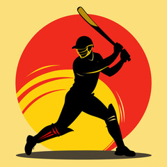 Cricket Batsman Playing Shot &ndash; Silhouette with Red Yellow Background