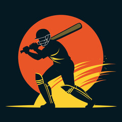 Cricket Batsman Silhouette Batting with Dramatic Sunset Background