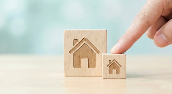 Close-up of an adult White woman's hand touching wooden blocks with different sized house icons on a light wood table indoors, concept of real estate downsizing and property choice, minimalist style.