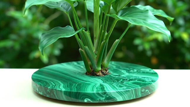 Lush green plant potted in a round malachite stone in nature.