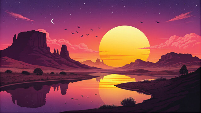 A mesmerizing pixel art depiction of a vibrant desert sunset over majestic mesas and a reflecting river