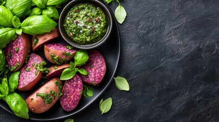 Roasted Purple Potatoes With Fresh Basil And Green Sauce On A Black Plate