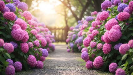 Vibrant hydrangea flowers lining a serene garden path