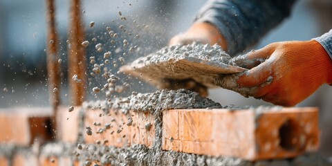 Workers mix and apply cement for construction at a building site in the morning hours