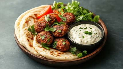 Round Golden Brown Meatballs Served With Flatbread And Creamy Dip Garnished With Fresh Parsley And Tomatoes