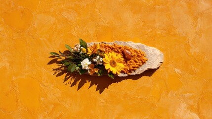 Rustic Floral Arrangement on Textured Orange Wall with Sunflowers and Greenery