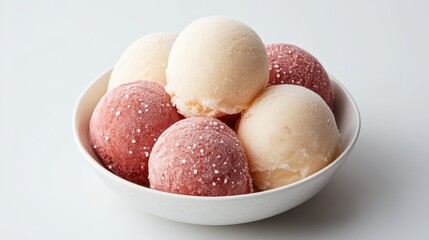 Scoops of Creamy Vanilla and Strawberry Ice Cream Covered in Sugar Crystals in a White Bowl