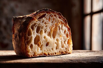 Thick Slice of Crusty Sourdough on Rustic Wooden Board