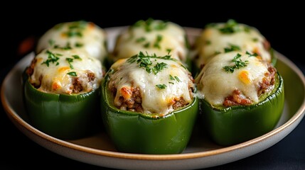Six Green Bell Peppers Stuffed With Savory Meat Filling Topped With Melted Cheese and Fresh Parsley Garnishes