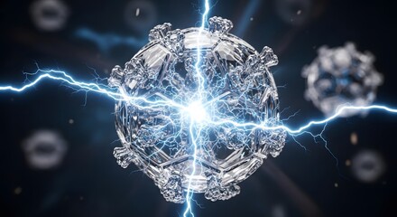 3D rendered glass molecule structure with electric lightning discharge representing quantum physics energy research futuristic scientific innovation and high tech laboratory experiments in biological 