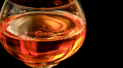 A dramatic close-up of an amber-colored alcoholic drink swirling in a glass against a dark background, highlighting bubbles, reflections, and warm glowing tones.