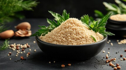 Small Granules in Dark Bowl with Greenery and Nuts on Dark Background