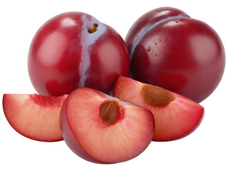 Fresh Red Plums with Water Droplets and Sliced Halves Showing Juicy Pits, Whole Fruits on transparent background