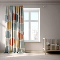Contemporary children's room with window, wooden bed, and bold circle print curtain