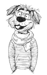 Hipster Dog in Glasses and Scarf Line Art Illustration