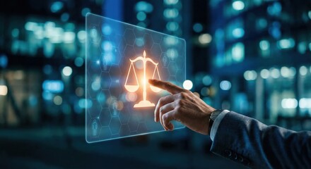 Professional adult businessman in a suit interacting with a glowing digital scales of justice icon and human network interface at night, representing legal technology, ethics, and equality concepts.