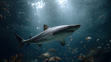 A majestic shark glides gracefully through clear blue ocean water illuminated by sunbeams filtering from above with small fish swimming around