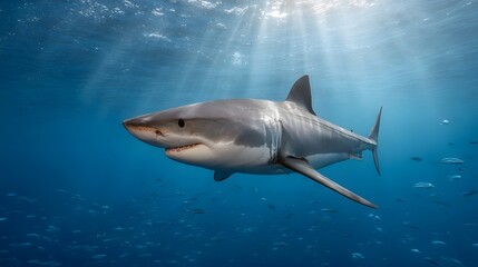 Naklejka premium Majestic great white shark swims through clear blue ocean water sun rays piercing the depths