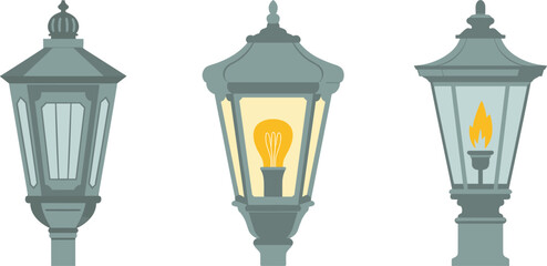 Set of vintage street lamp vector illustrations, antique gas and electric lantern icons for urban park and city lighting © MdMajnur