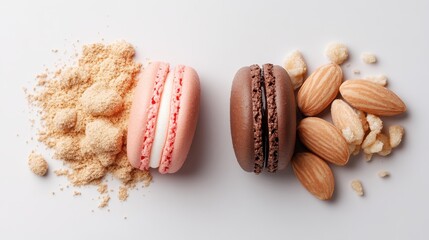Two Gourmet Macarons Pink And Chocolate Flavored With Almonds And Crumbs On White Surface