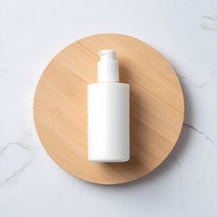 White cosmetic bottle on wooden plate