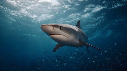 Majestic Shark Swims Through Sunlit Ocean Waters Surrounded by a School of Small Fish