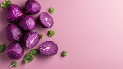 Vibrant Purple Cabbage Halves and Whole Round Vegetables Arranged Artfully On A Textured Pink Surface