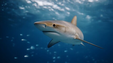 A powerful shark glides through the clear blue ocean depths illuminated by sunlight filtering from above